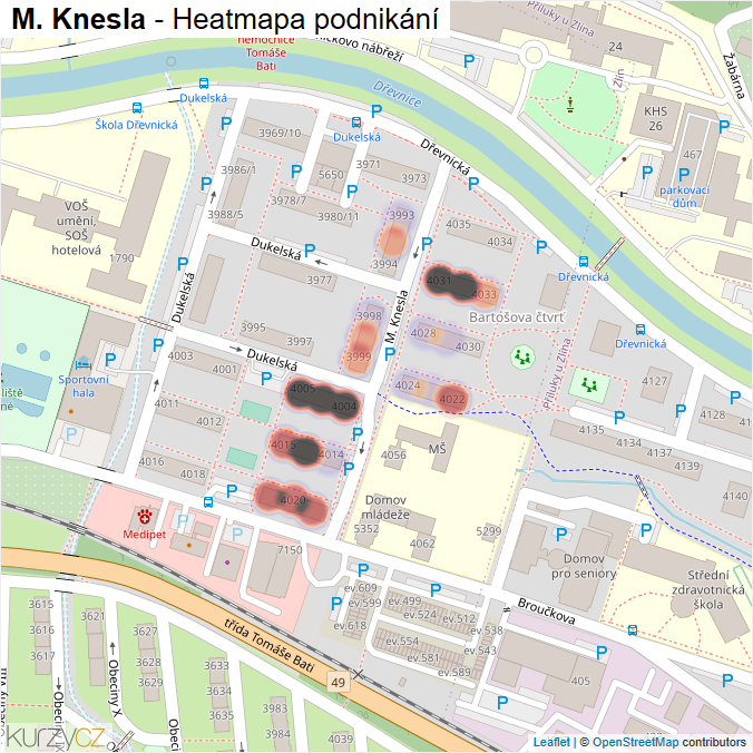 Mapa M. Knesla - Firmy v ulici.