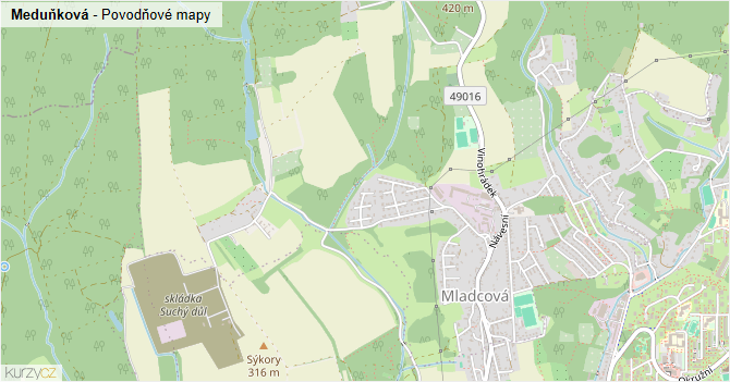 Meduňková - záplavové mapy stoleté vody
