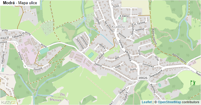 Modrá - mapa ulice
