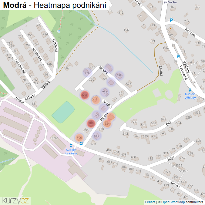 Mapa Modrá - Firmy v ulici.