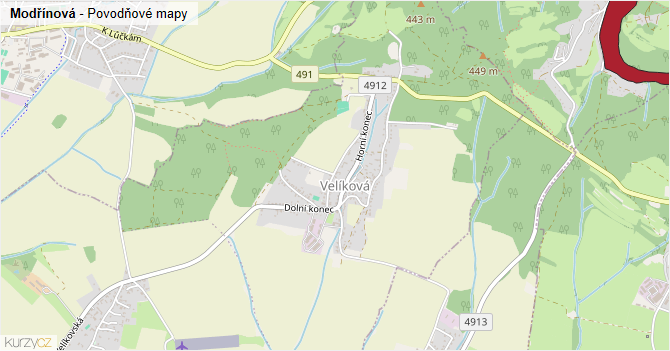 Modřínová - záplavové mapy stoleté vody
