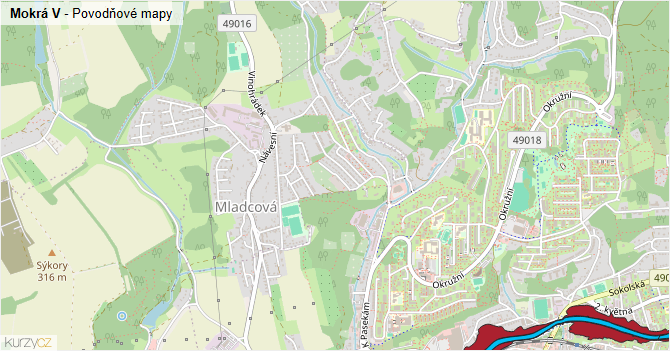 Mokrá V - záplavové mapy stoleté vody