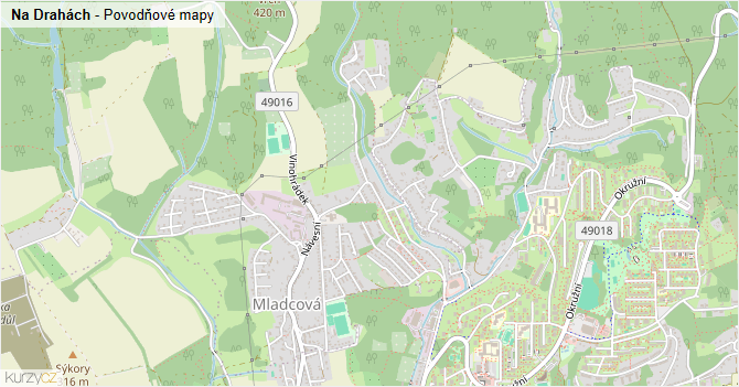 Na Drahách - záplavové mapy stoleté vody