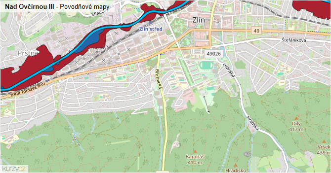 Nad Ovčírnou III - záplavové mapy stoleté vody