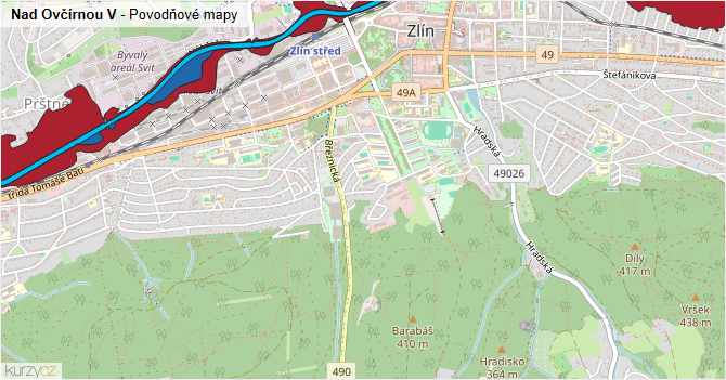 Nad Ovčírnou V - záplavové mapy stoleté vody