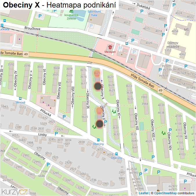 Mapa Obeciny X - Firmy v ulici.