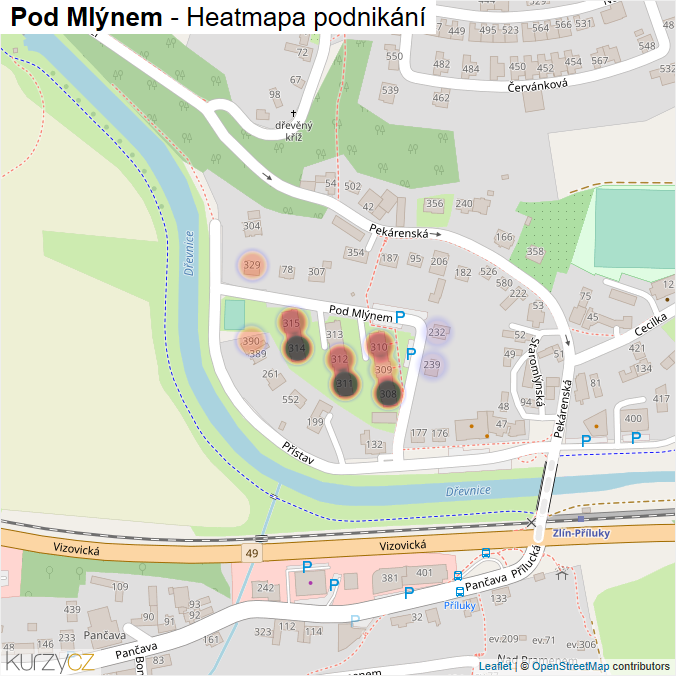 Mapa Pod Mlýnem - Firmy v ulici.
