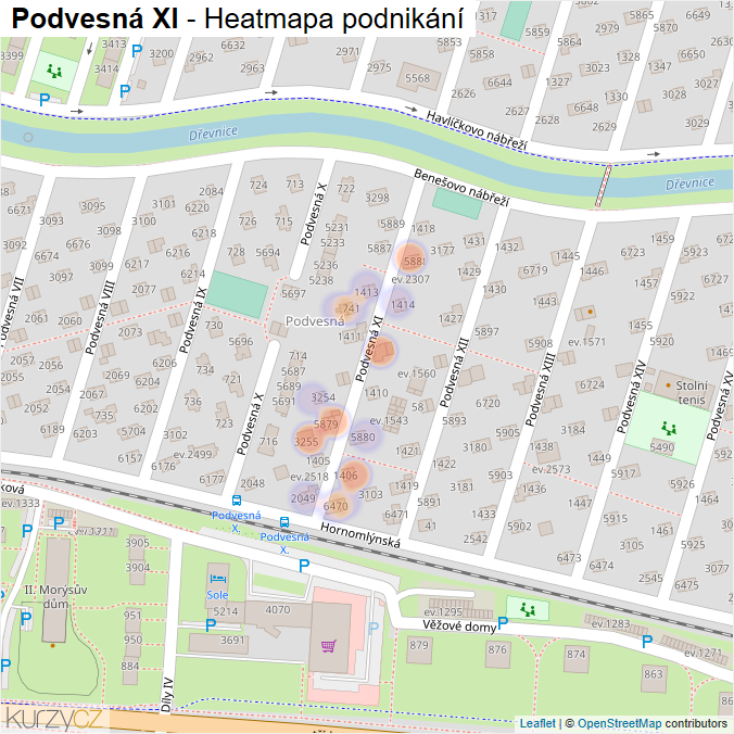 Mapa Podvesná XI - Firmy v ulici.