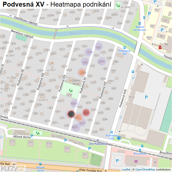 Mapa Podvesná XV - Firmy v ulici.