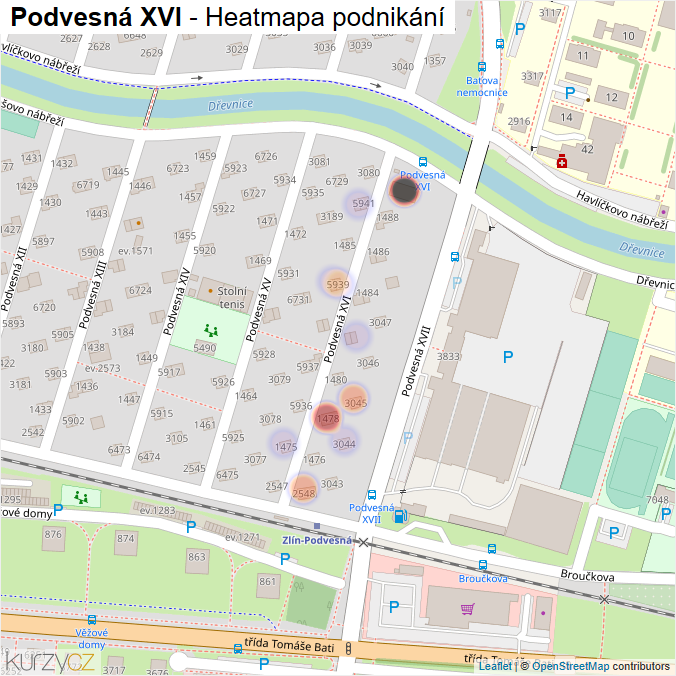 Mapa Podvesná XVI - Firmy v ulici.