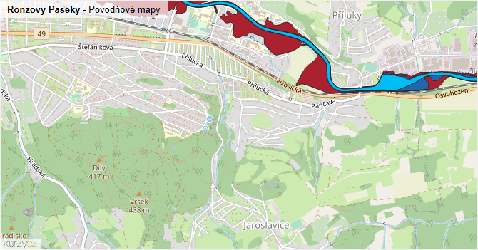 Ronzovy Paseky - záplavové mapy stoleté vody