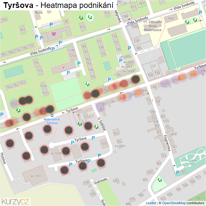 Mapa Tyršova - Firmy v ulici.