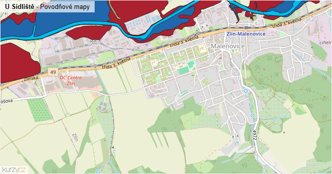 U Sídliště - záplavové mapy stoleté vody