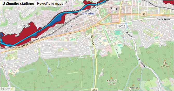 U Zimního stadionu - záplavové mapy stoleté vody