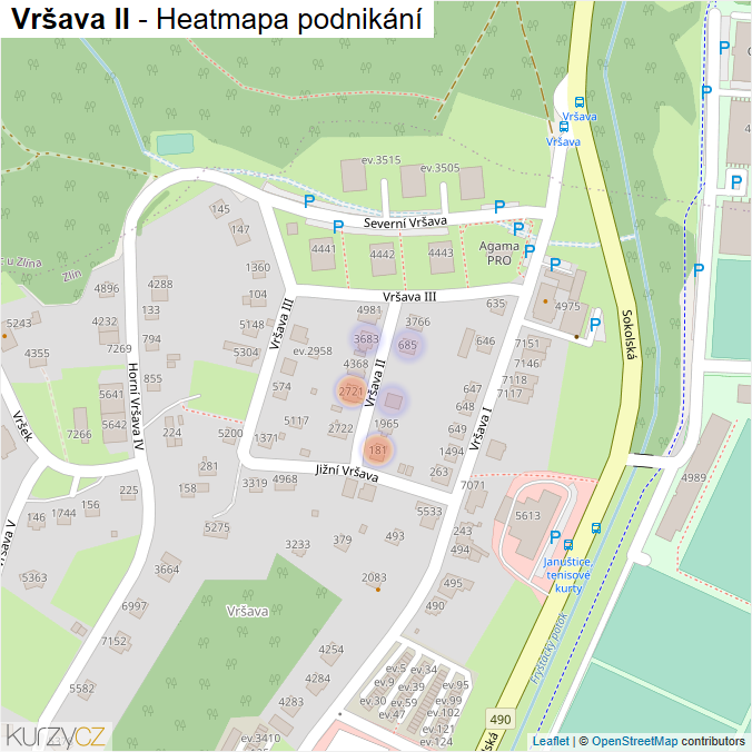 Mapa Vršava II - Firmy v ulici.