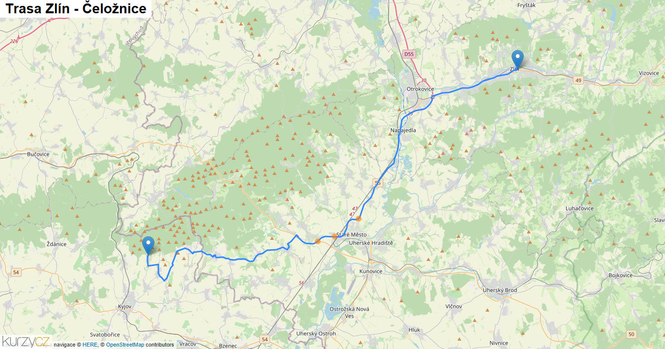 Zlín-Čeložnice, mapa trasy