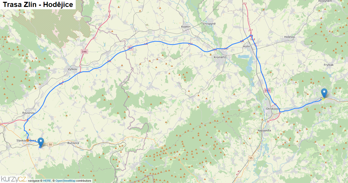 Zlín-Hodějice, mapa trasy