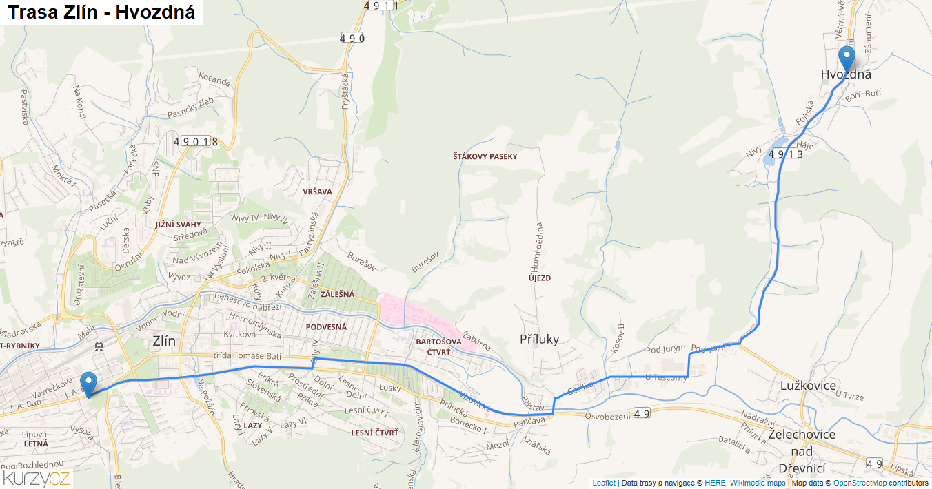 Zlín-Hvozdná, mapa trasy