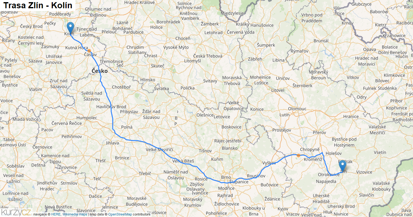 Zlín-Kolín, mapa trasy