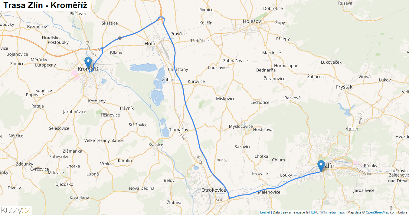 Zlín-Kroměříž, mapa trasy