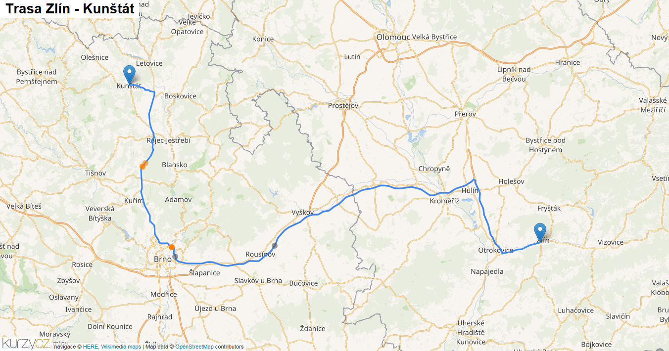 Zlín-Kunštát, mapa trasy