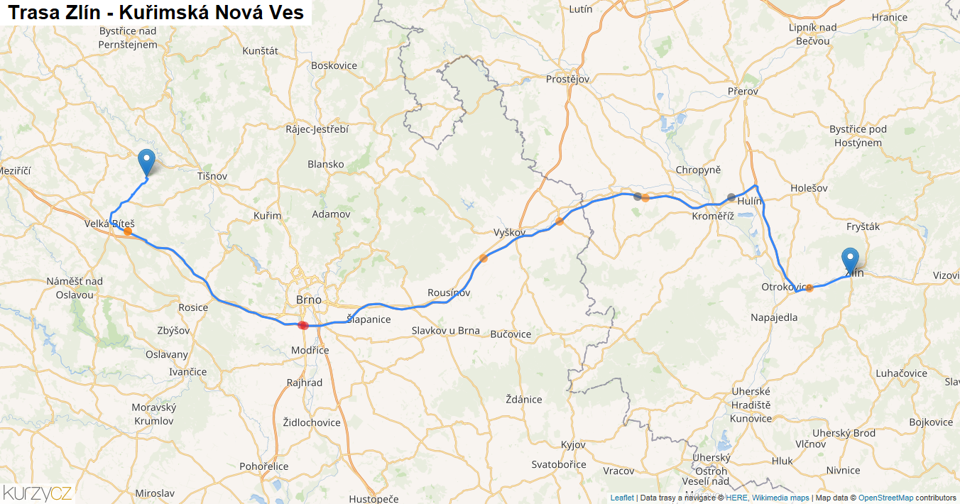 Zlín-Kuřimská Nová Ves, mapa trasy