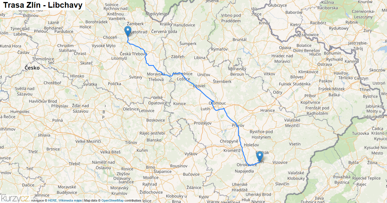 Zlín-Libchavy, mapa trasy