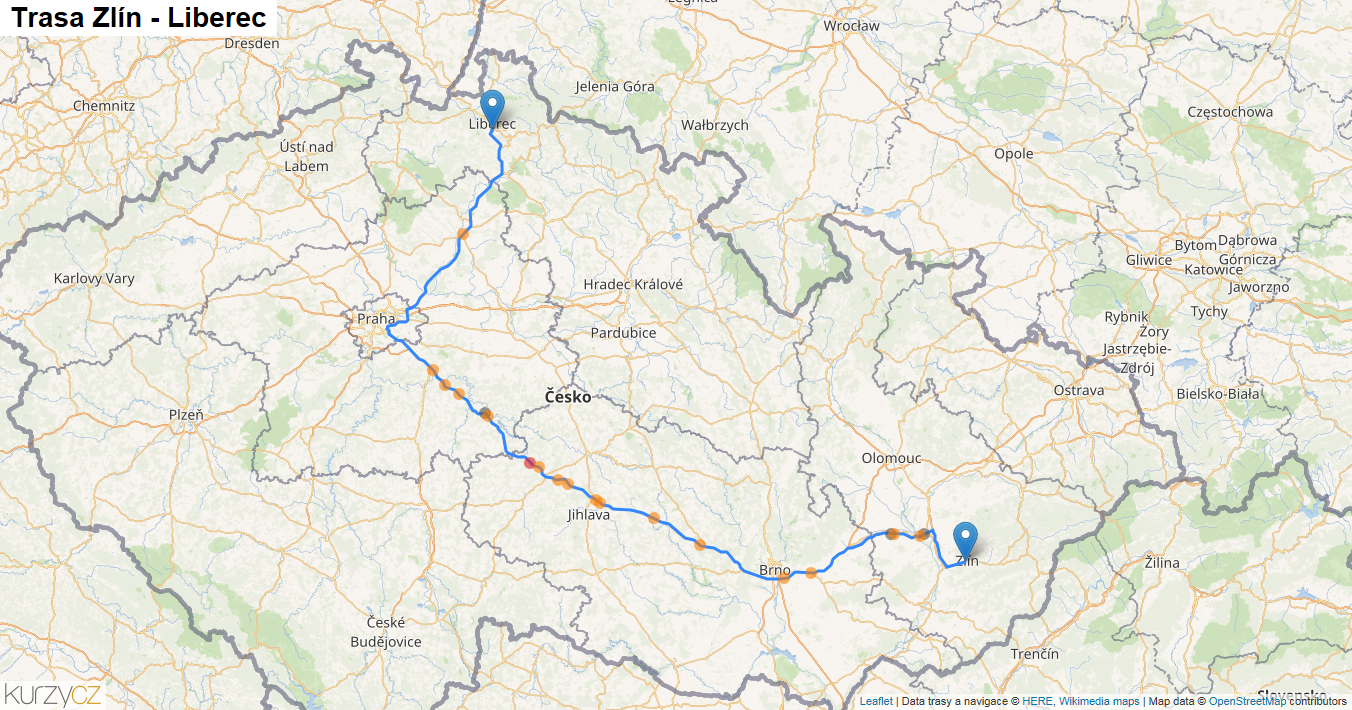 Zlín-Liberec, mapa trasy