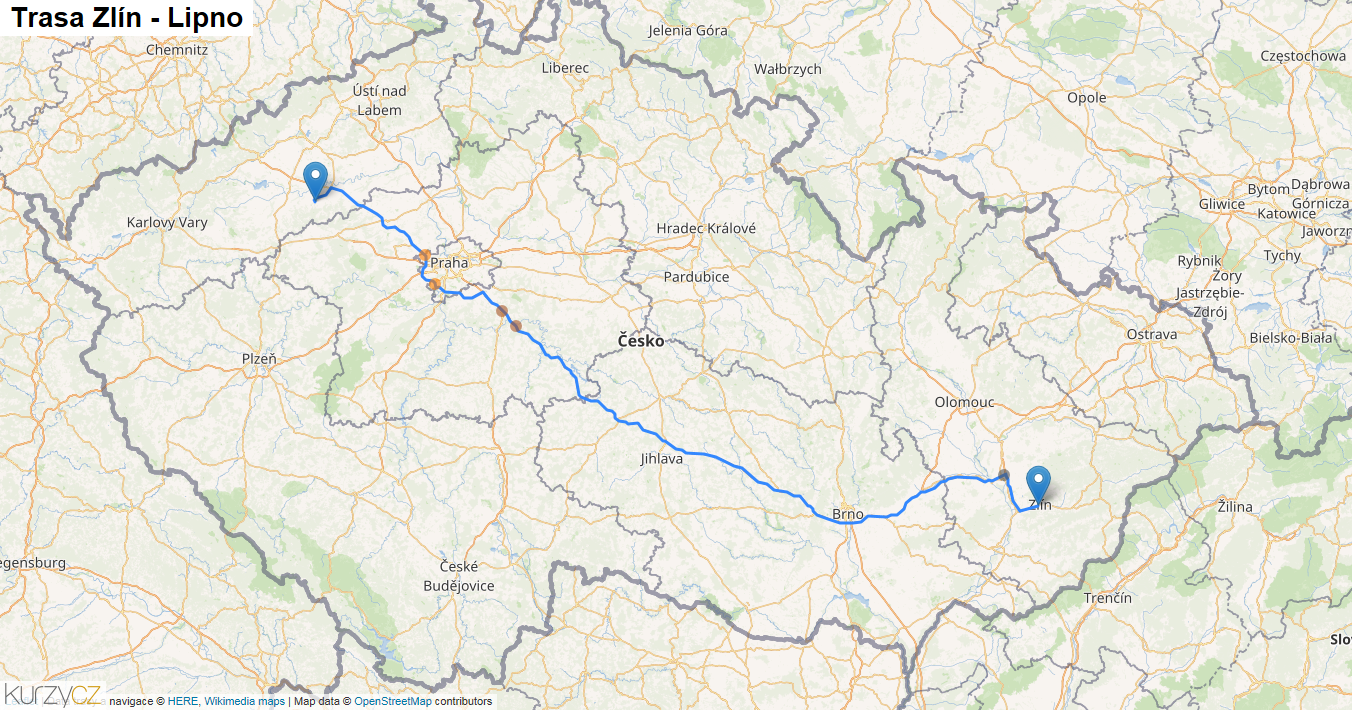 Zlín-Lipno, mapa trasy