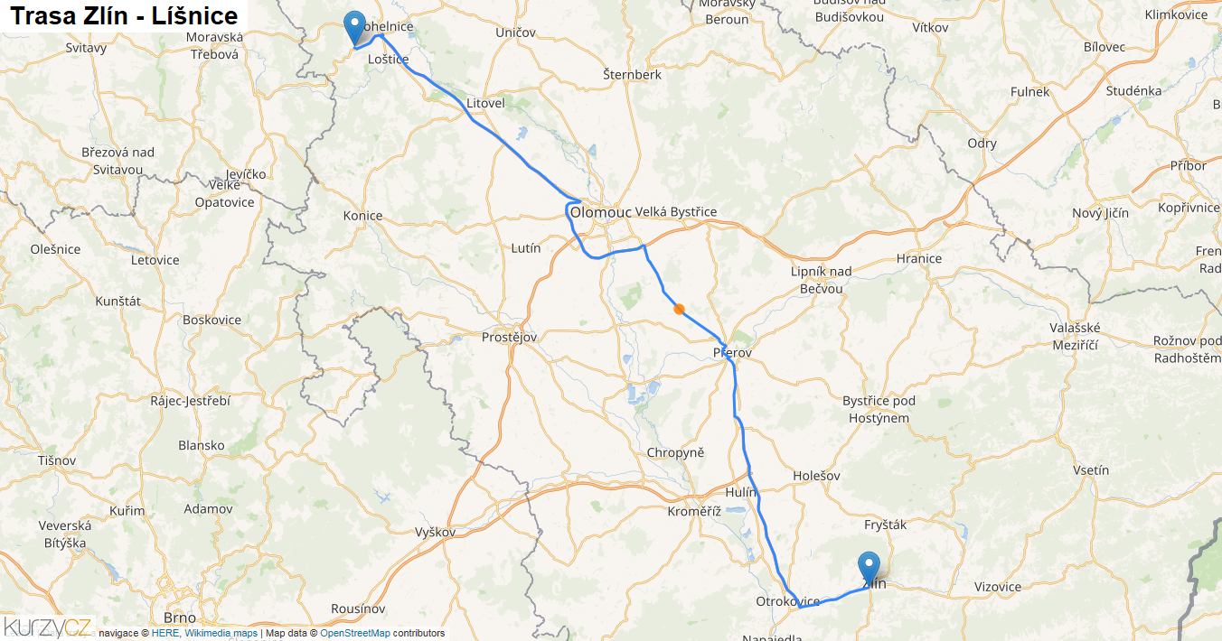 Zlín-Líšnice, mapa trasy