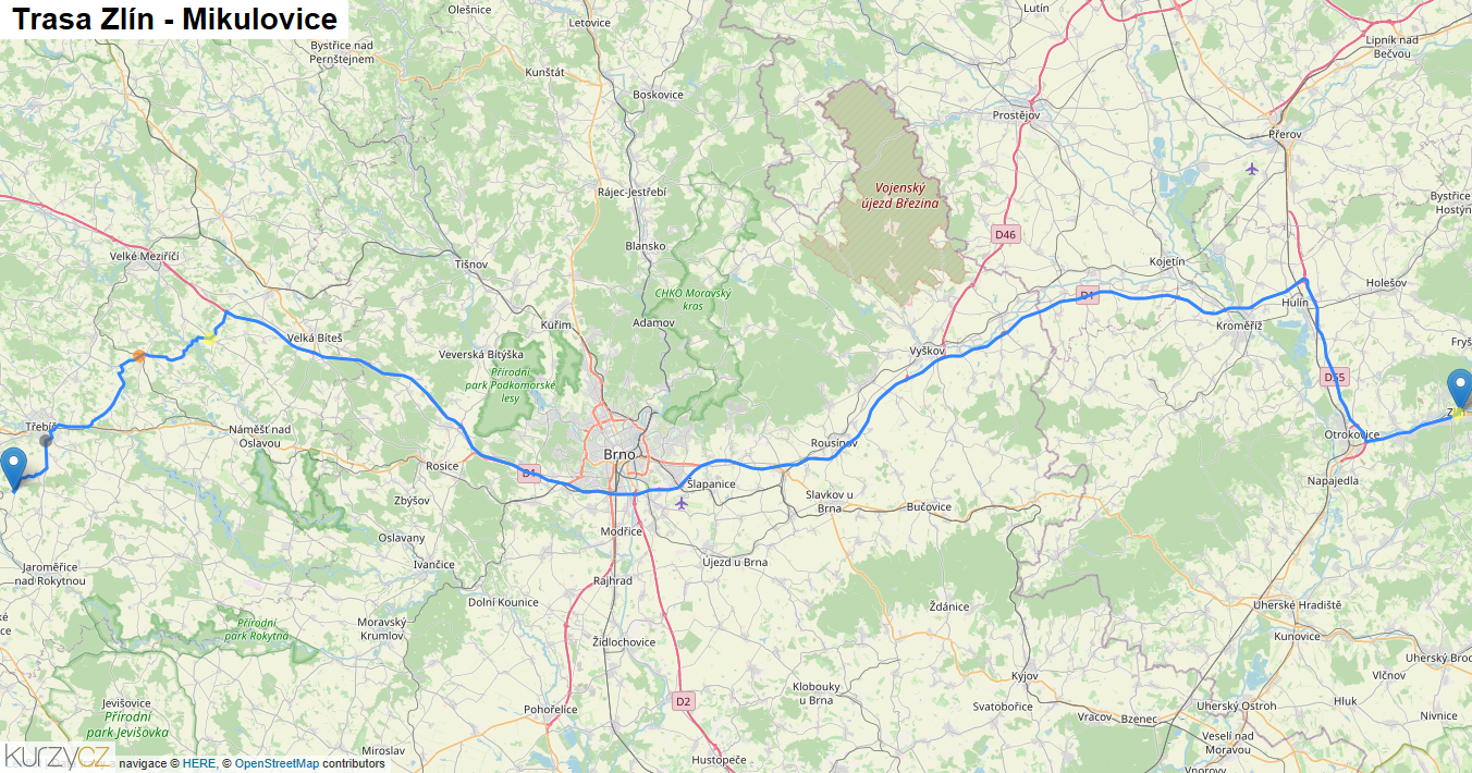 Zlín-Mikulovice, mapa trasy