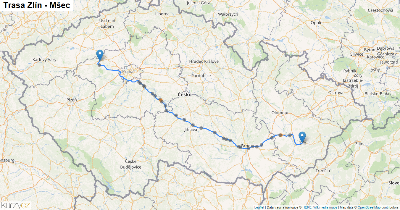 Zlín-Mšec, mapa trasy