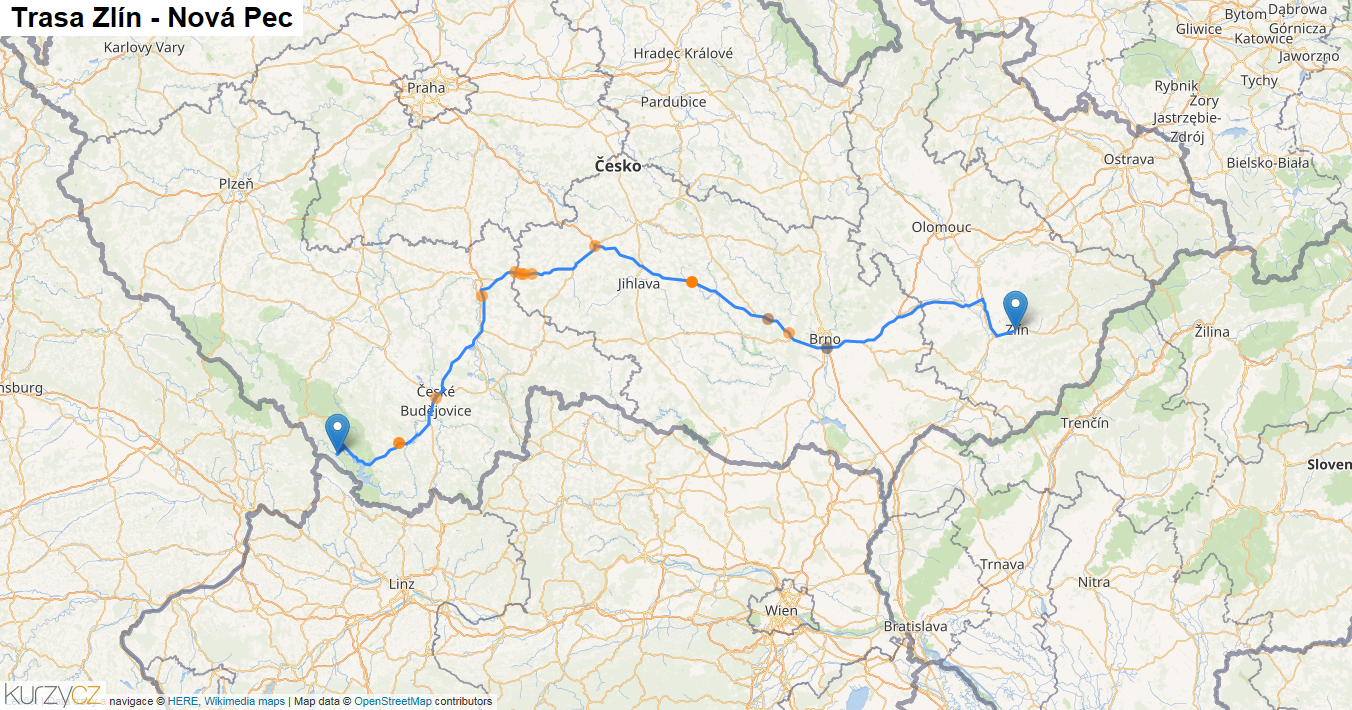 Zlín-Nová Pec, mapa trasy