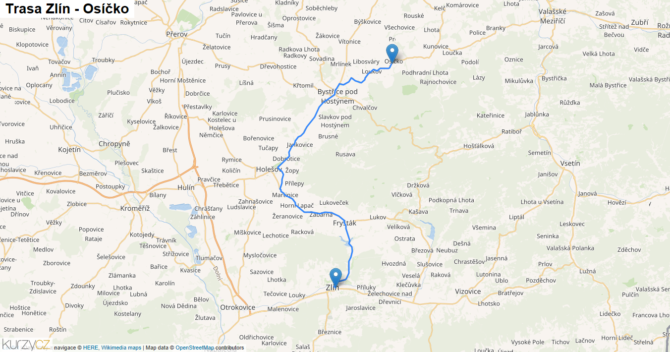 Zlín-Osíčko, mapa trasy