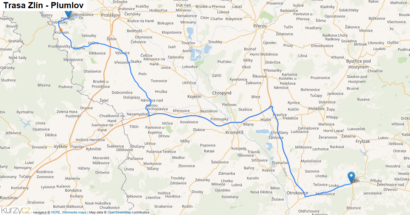 Zlín-Plumlov, mapa trasy