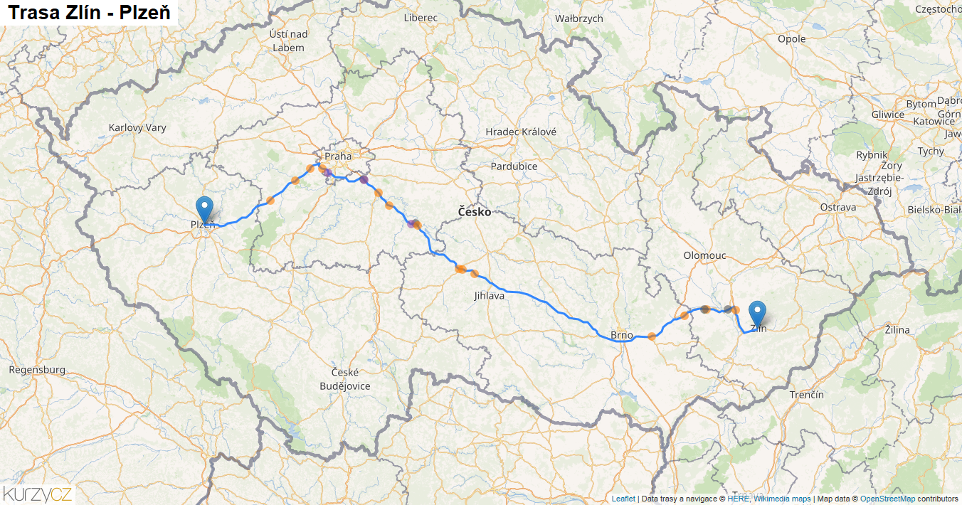 Zlín-Plzeň, mapa trasy