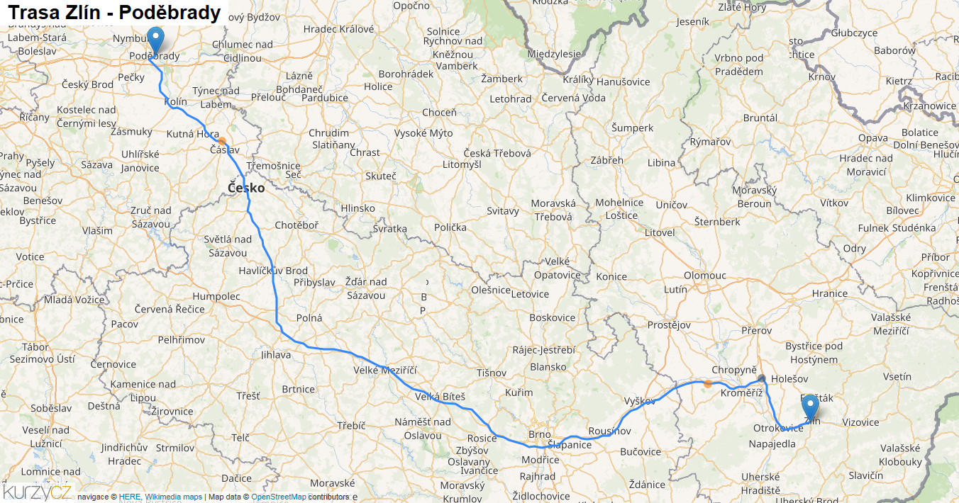 Zlín-Poděbrady, mapa trasy