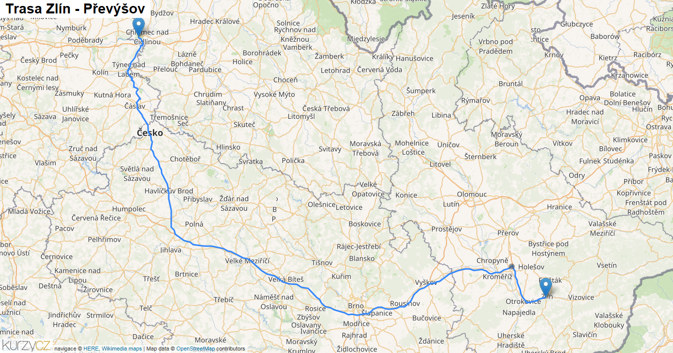 Zlín-Převýšov, mapa trasy