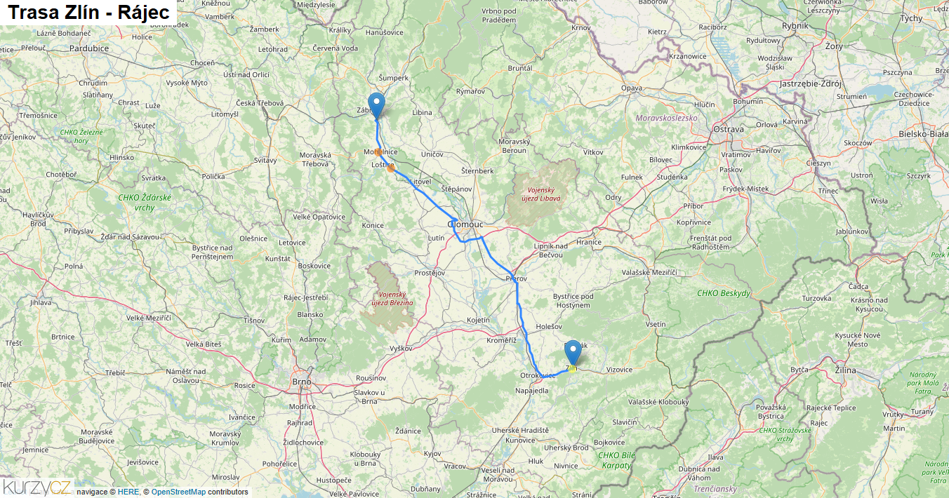 Zlín-Rájec, mapa trasy