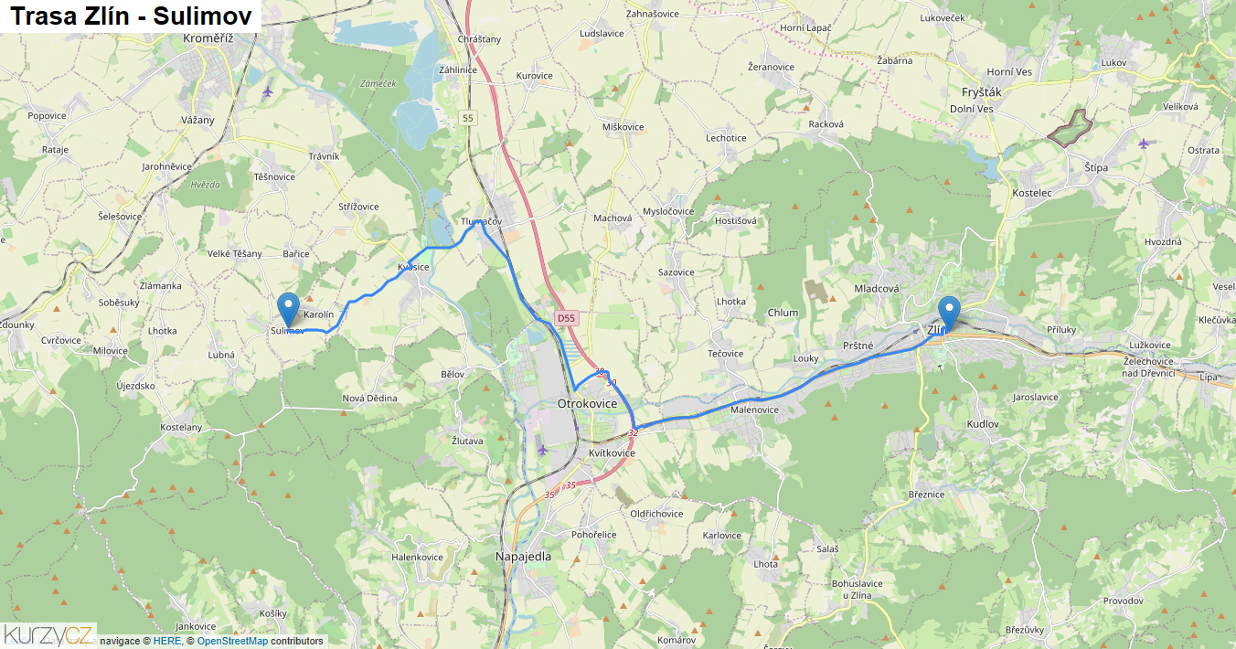 Zlín-Sulimov, mapa trasy