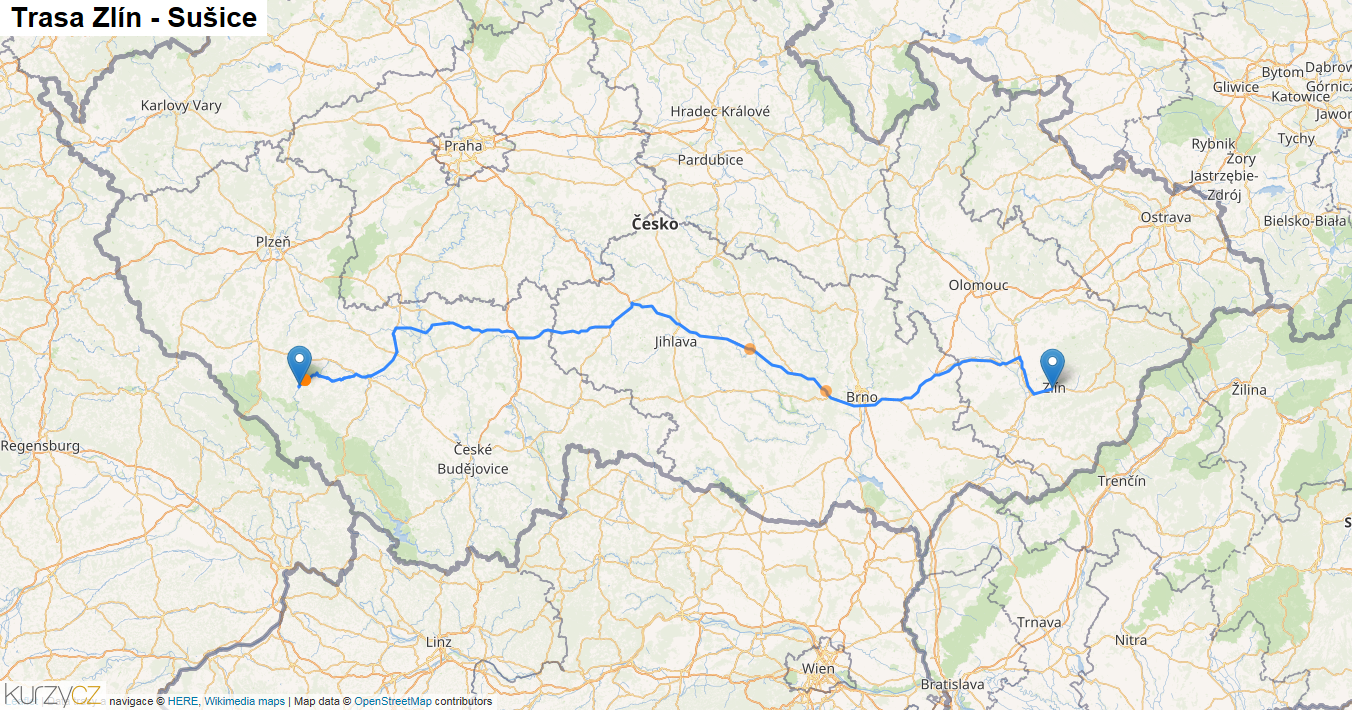 Zlín-Sušice, mapa trasy