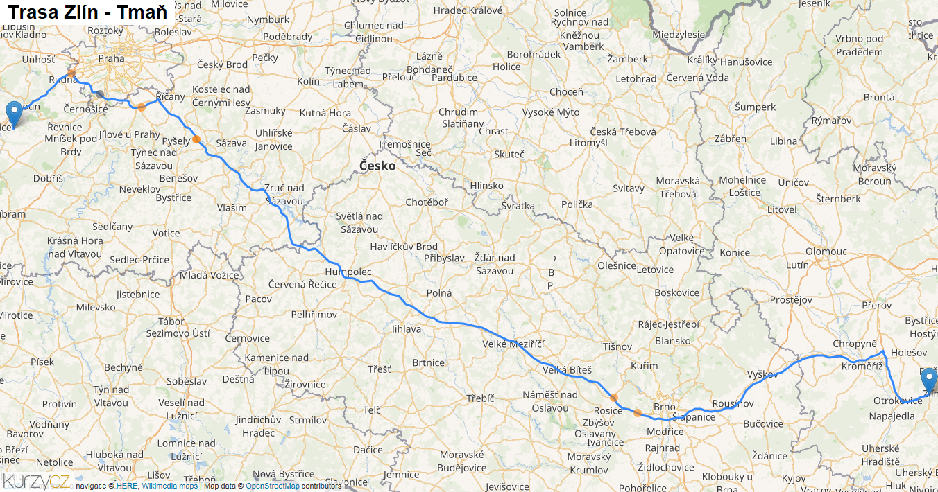 Zlín-Tmaň, mapa trasy