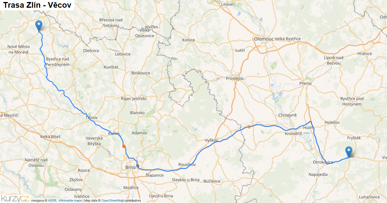 Zlín-Věcov, mapa trasy