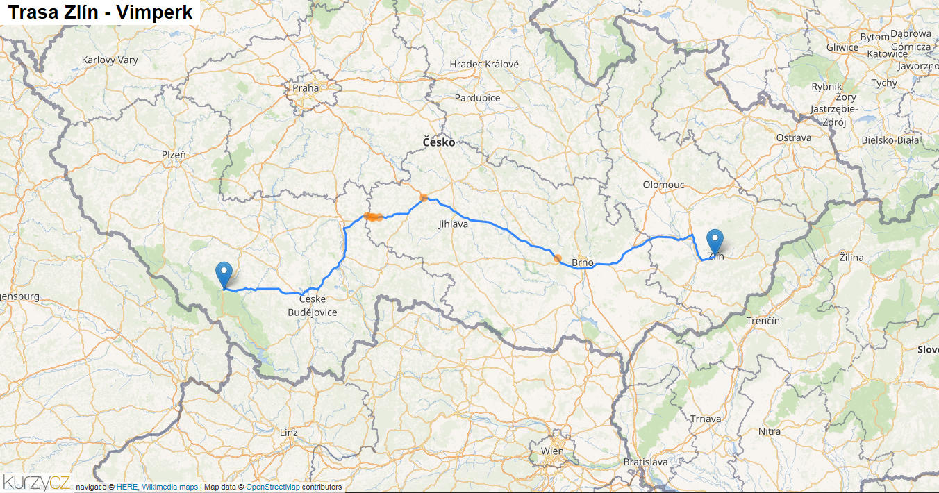 Zlín-Vimperk, mapa trasy