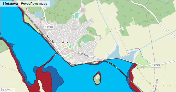 Třešňová - záplavové mapy stoleté vody