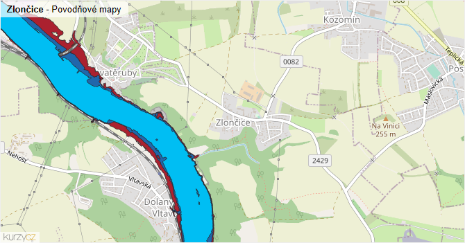 Zlončice - záplavové mapy stoleté vody