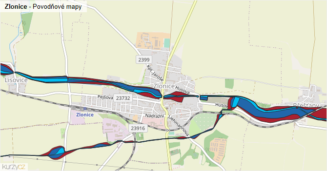 Zlonice - záplavové mapy stoleté vody