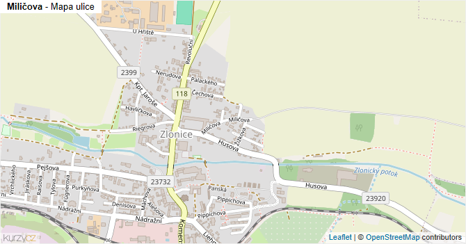 Miličova - mapa ulice