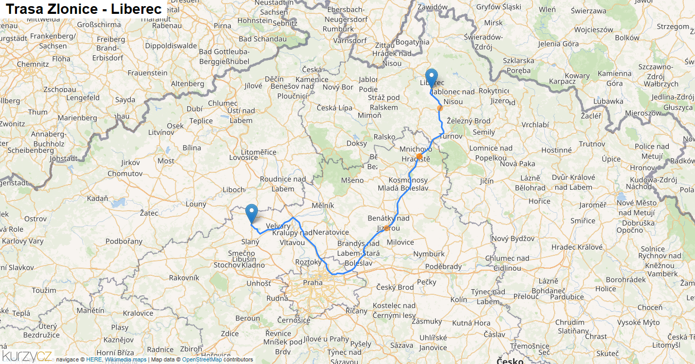 Zlonice-Liberec, mapa trasy