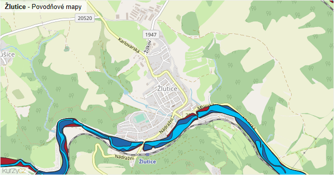 Žlutice - záplavové mapy stoleté vody